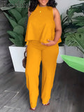2pcs Set Women Round Neck Sleeveless Cropped Top & Straight Trousers | Elegant Loose Summer Two-Piece Outfit