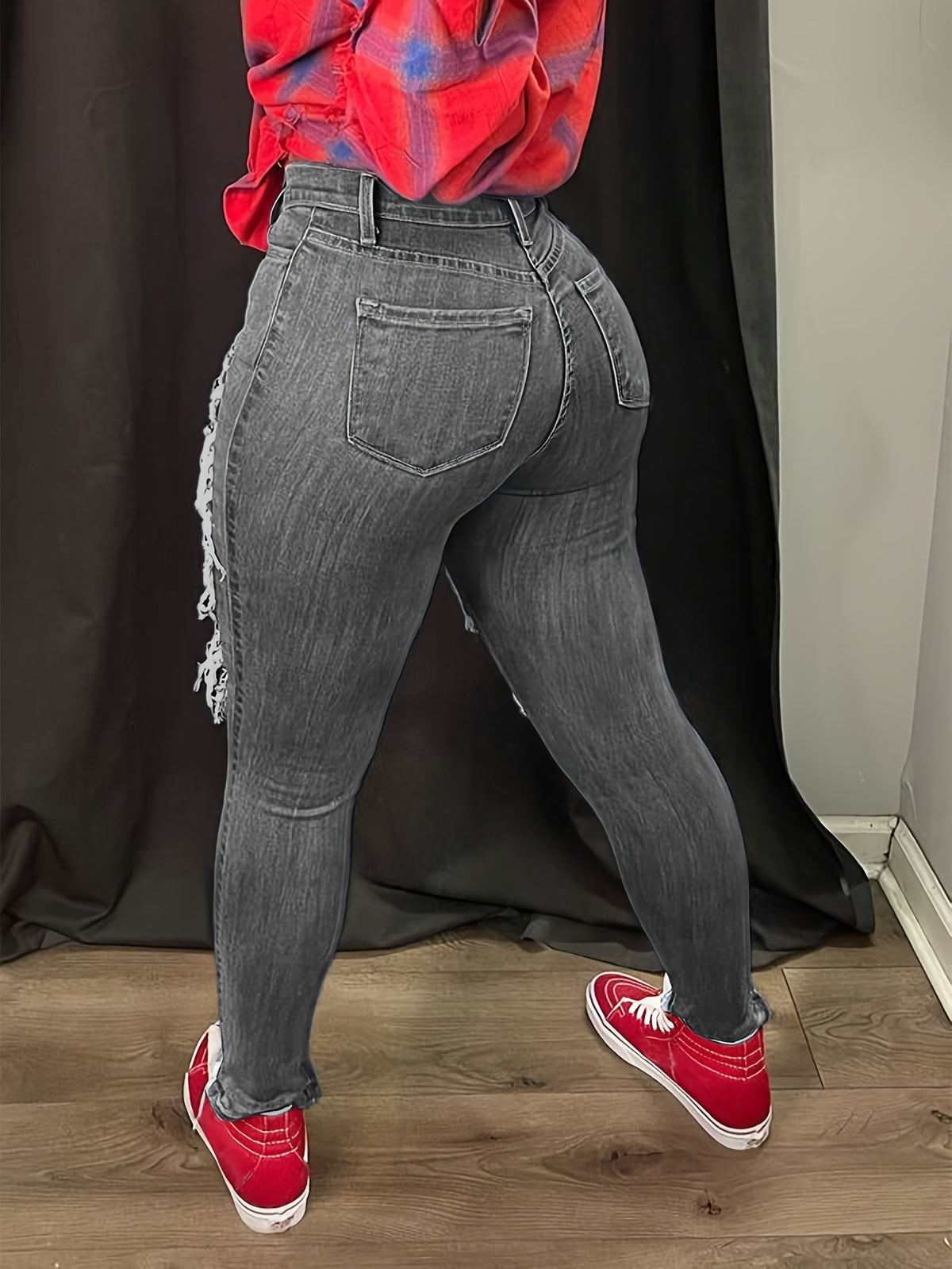 Distressed High Waist Jeans for Women Ripped Torn Frayed Elastic Denim Pants Skinny Fit Casual Streetwear Medium Dark Light Blue Grey White S-XXL
