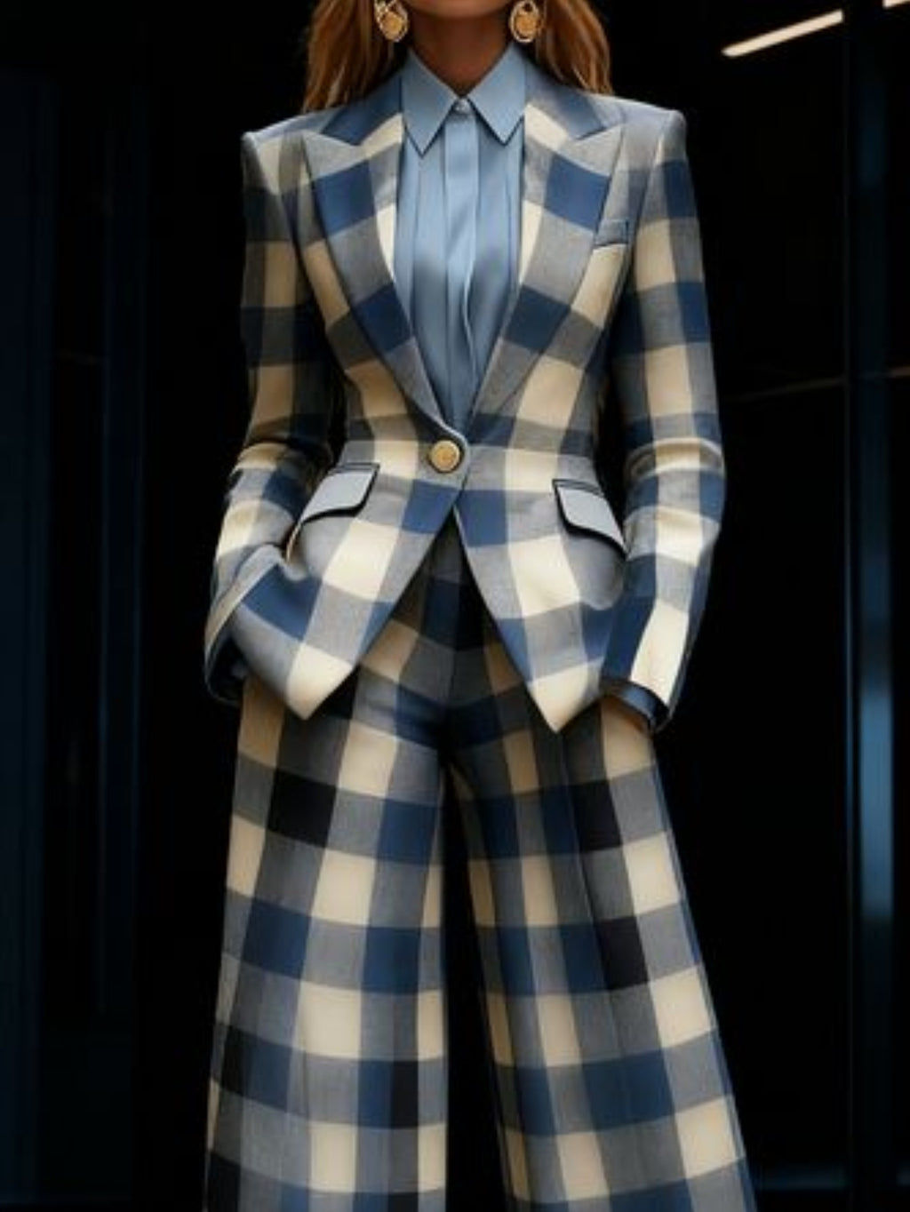 Women's 2pcs Plaid Wide Leg Pants Suit Waist Cinched Slim Fit Professional Blazer Set Workplace Business Casual Outfit