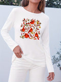 Magpie Floral Print Long Sleeve T-Shirt Women Casual Round Neck Graphic Tee Spring Summer Fall Knit Top