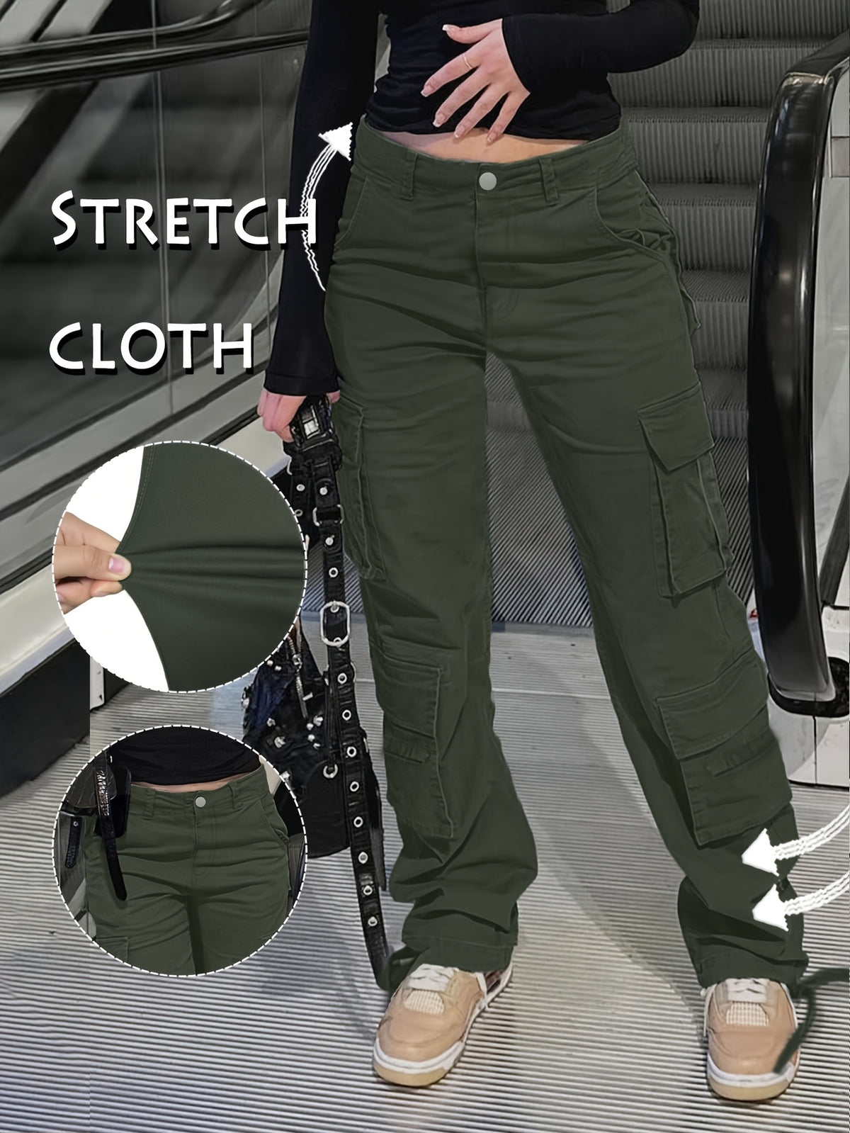 Y2K Retro Wash Women's Work Pants Multi-Pocket Casual Straight Leg Khaki Black Gray S-XXL