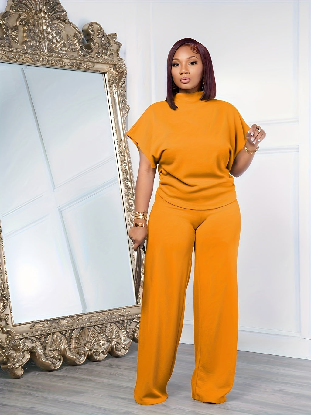 Women's Casual Sports Two-Piece Set Short Sleeve Semi-High Neck Loose Top + Wide-Leg Pants | Athleisure Tracksuit Coord for Spring Summer Daily Wear Lounge