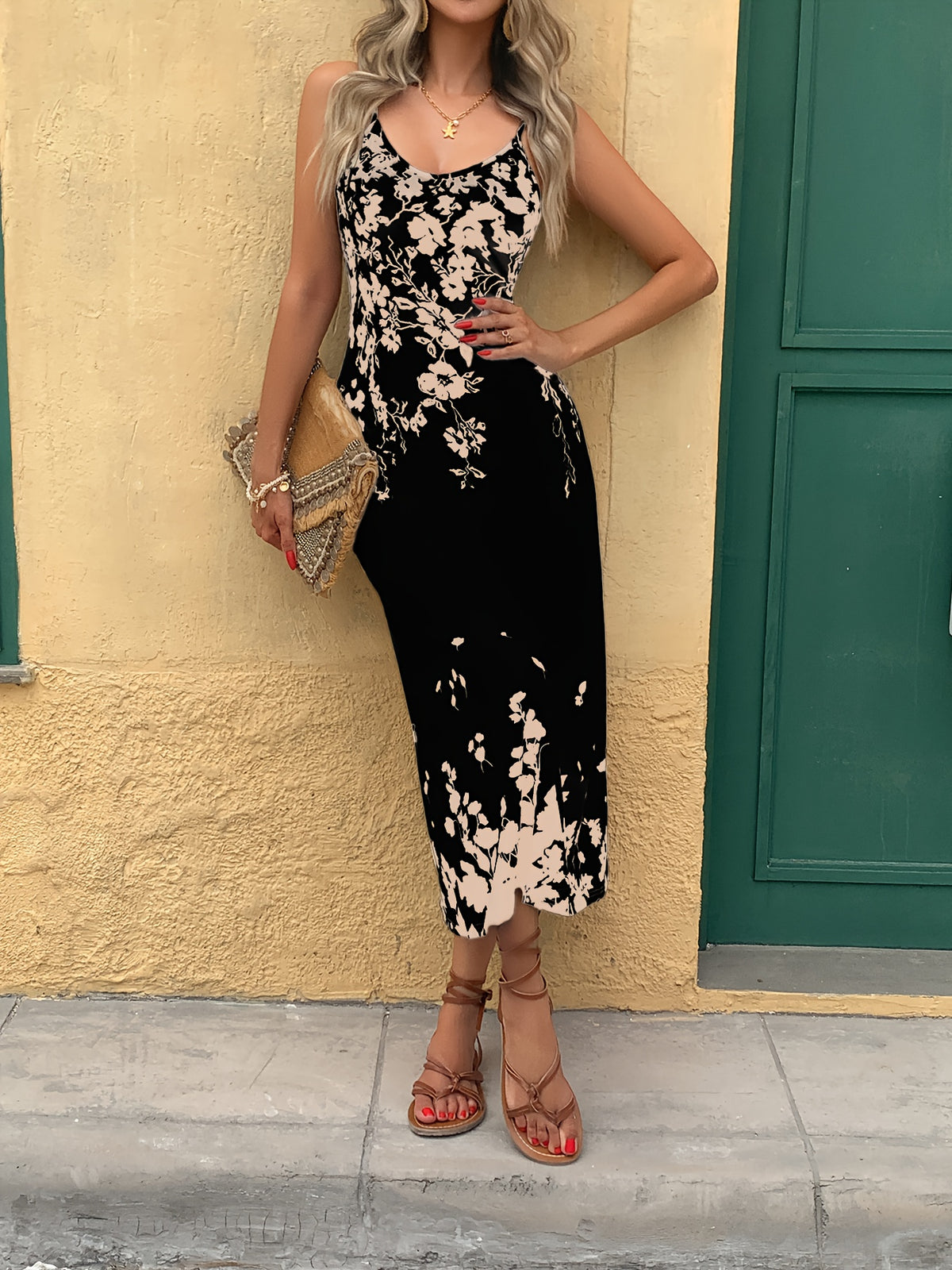 Floral Tropical Print Maxi Dress Women V Neck Spaghetti Strap Summer Vacation Beach Holiday Long Dress Elegant S-XXL