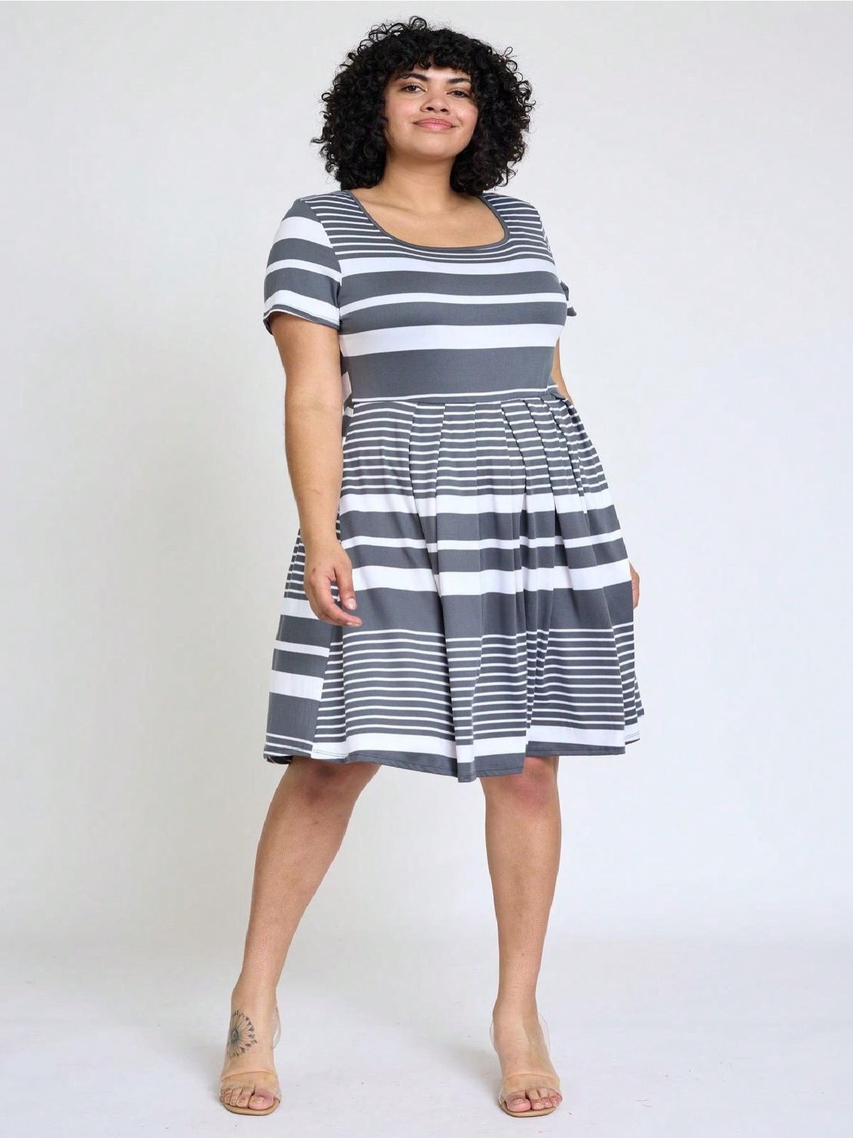 Paisley Floral Swing Dress Women Chevron Stripe Patchwork Pleated Square Neck Elastic Waist Midi Casual Plus Size S-3X