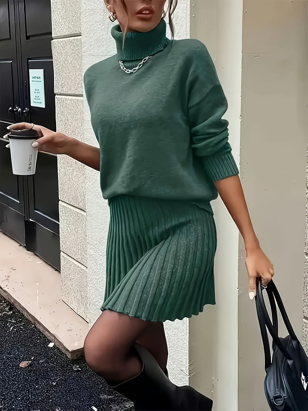 High-Neck Sweater Pleated Skirt Two-Piece Set Women Elegant Drop Shoulder Long Sleeve | Chic Knit Top + Pleated Skirt Co-Ord for Fall Winter Office & Daily Wear
