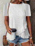 Jacquard Ruffle Edge Blouse Women Short Sleeve Elegant Semi-Sheer Top | Solid Color Casual Dressy Crew Neck Shirt Spring Summer Fall S-XXL