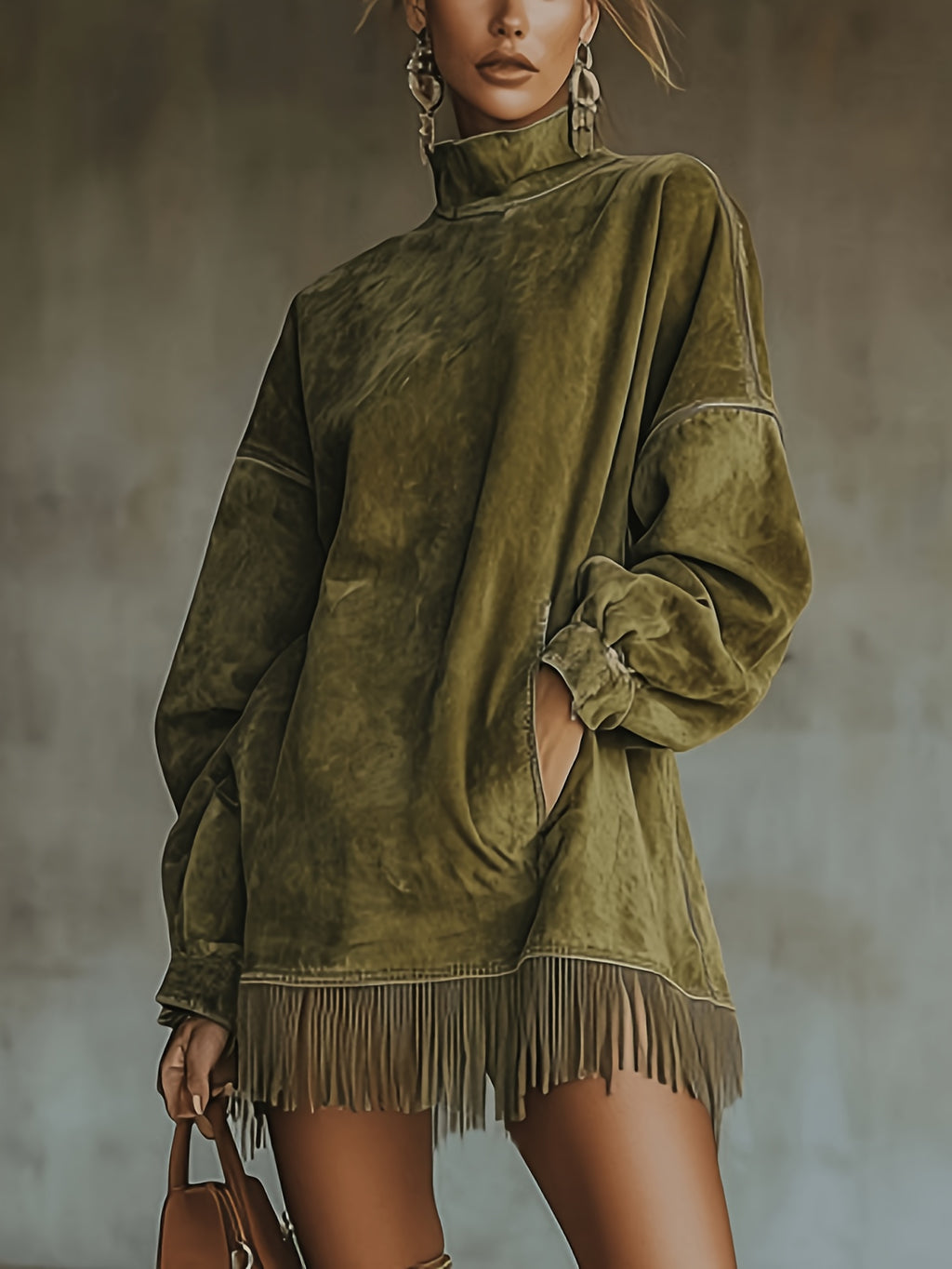 Fringed High Neck Long Sleeve Midi Dress Women | Retro Tassel Pleated Skirt | Loose Casual Dress XS-L