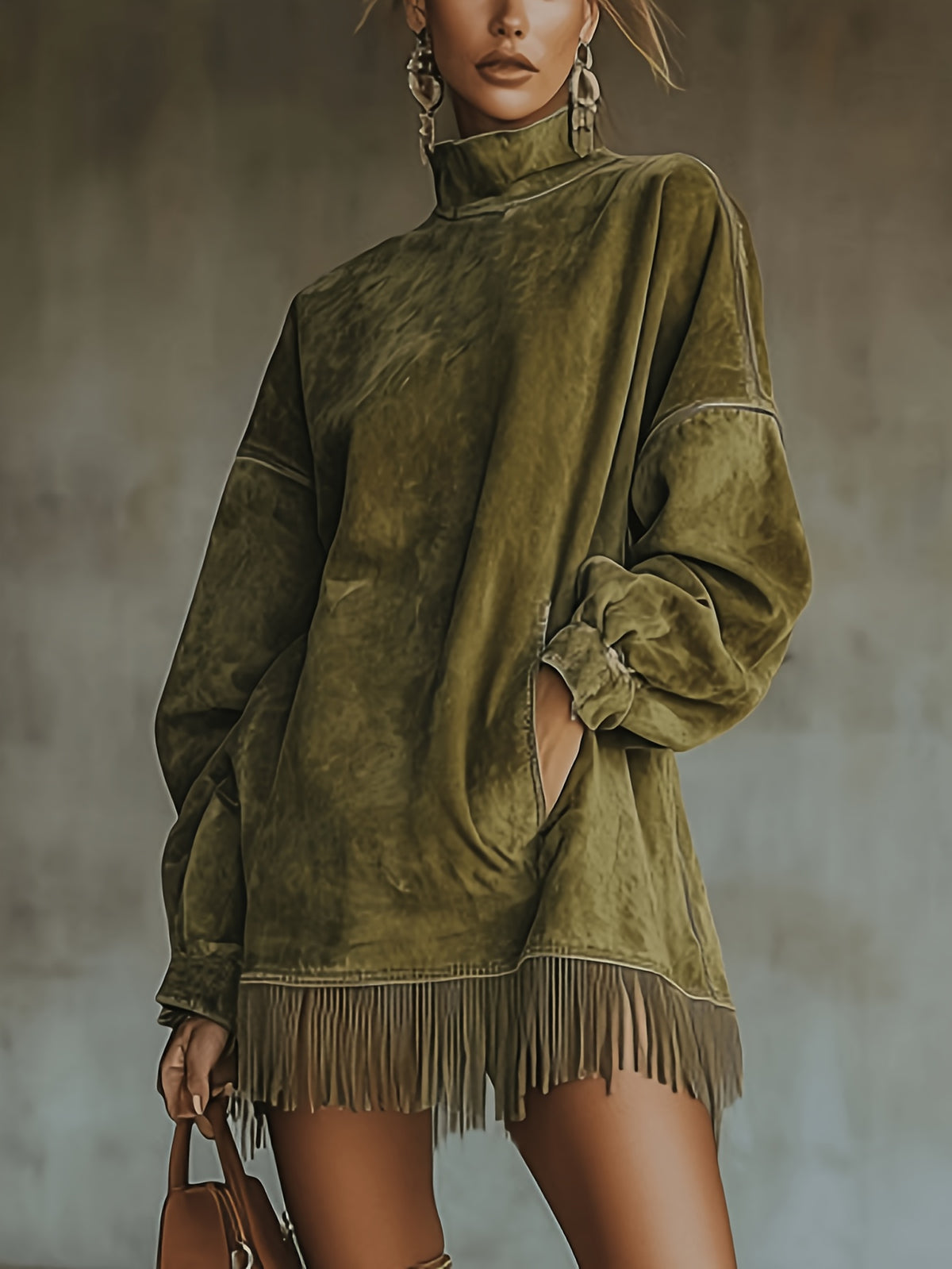 Fringed High Neck Long Sleeve Midi Dress Women | Retro Tassel Pleated Skirt | Loose Casual Dress XS-L