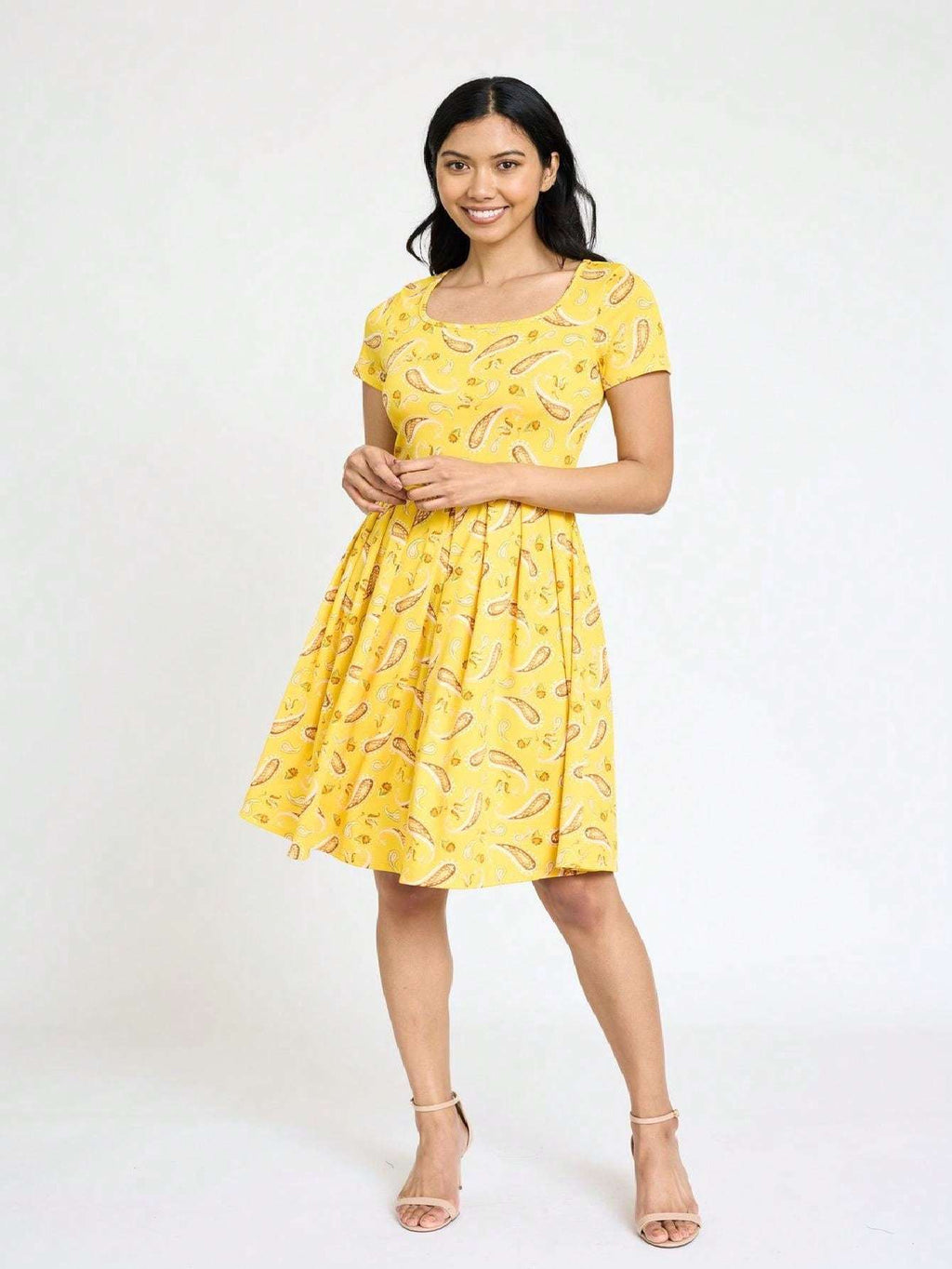 Paisley Floral Swing Dress Women Chevron Stripe Patchwork Pleated Square Neck Elastic Waist Midi Casual Plus Size S-3X