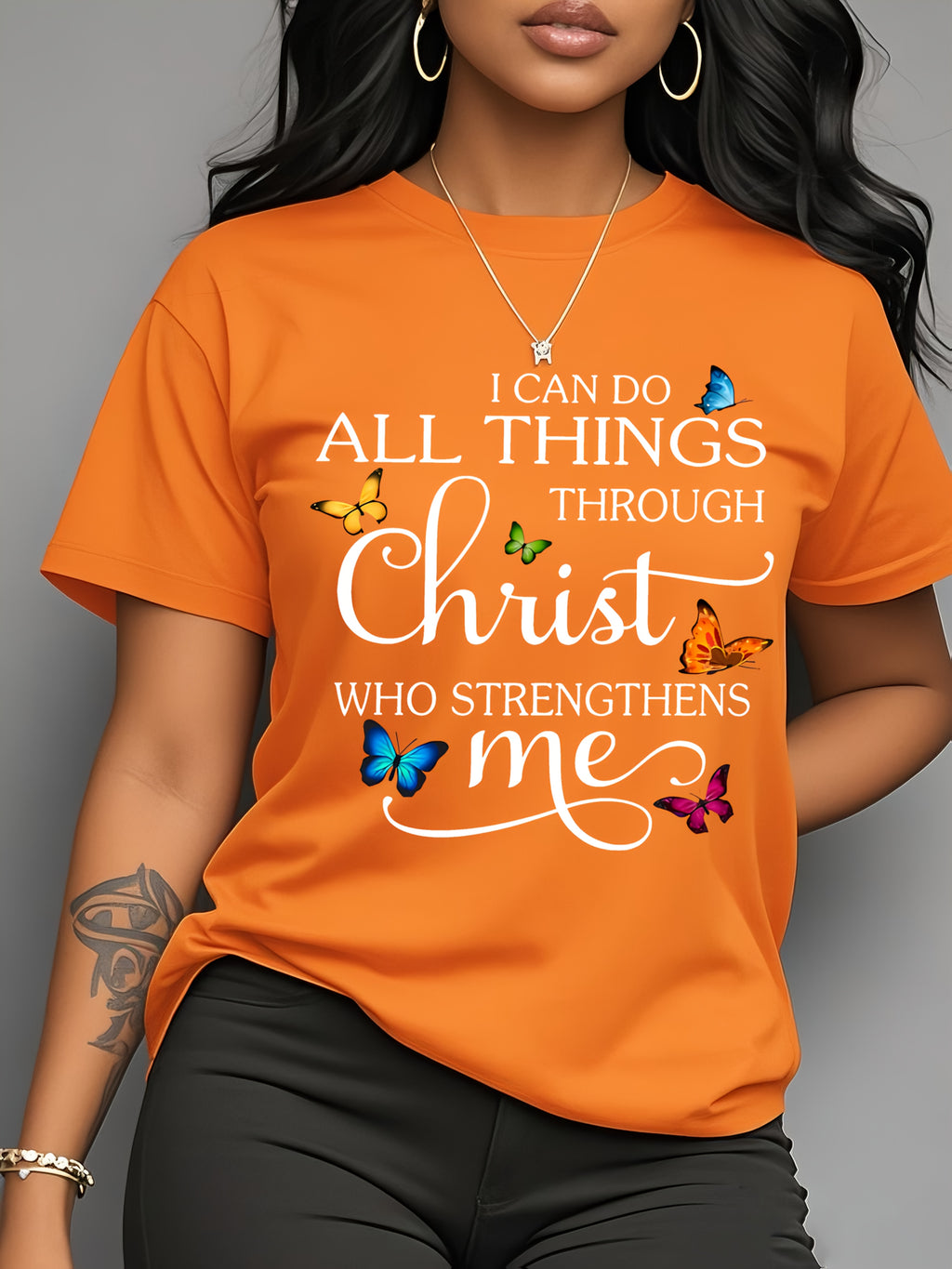 Plus Size Christian Graphic Tee Women I Can Do All Things Through Christ Pink Crew Neck T-Shirt - Colorful Print Inspirational Top