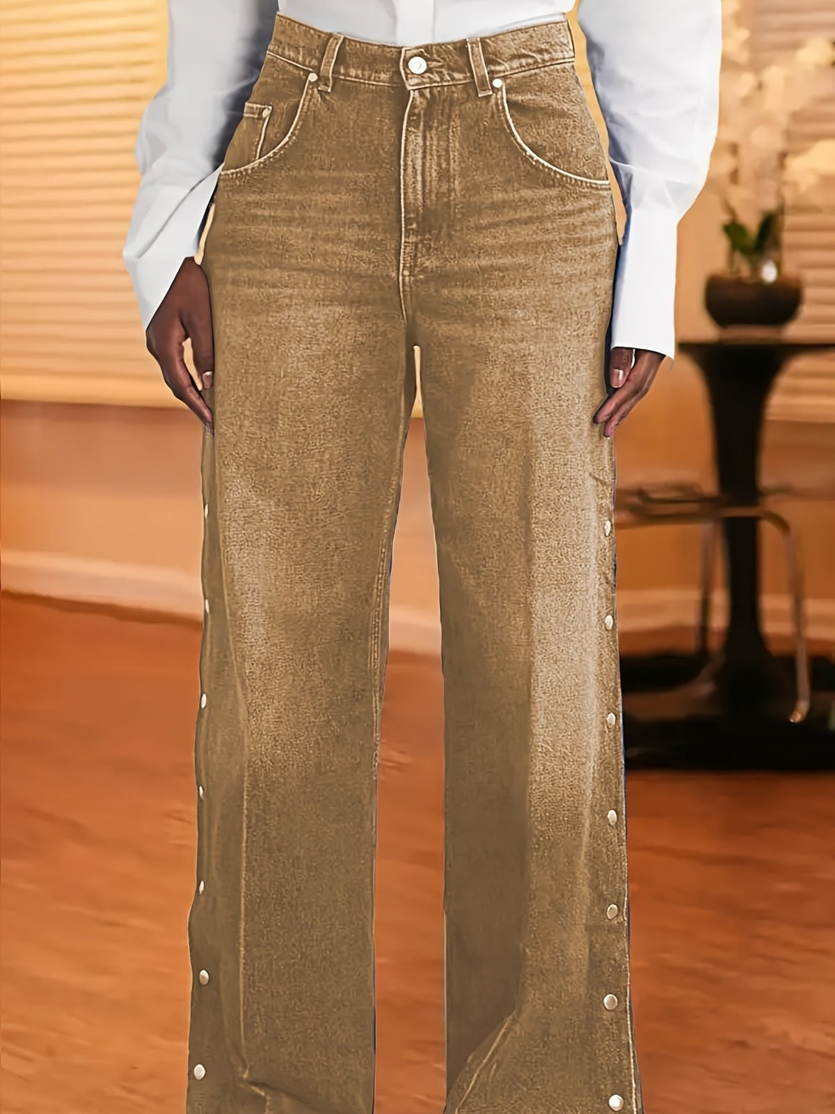 High Waist Wide Leg Denim Jeans Women Side Snap Buttons Loose Fit Casual Pants 2 Colors S-XXL