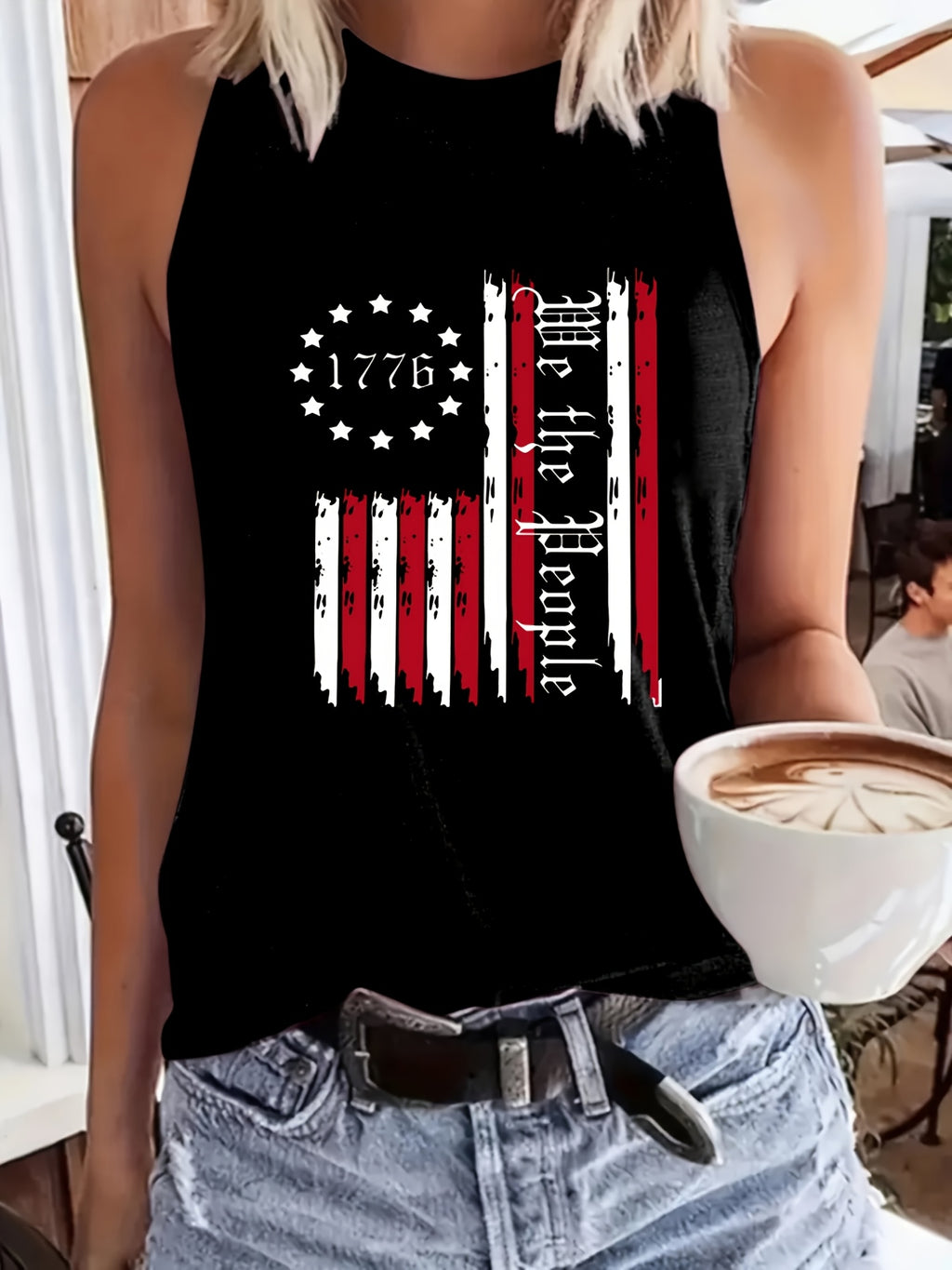 Women's American Flag Sleeveless Tank Top Stars Stripes Print Round Neck Breathable Casual Blouse Spring Summer BBQ Patriotic Outfit