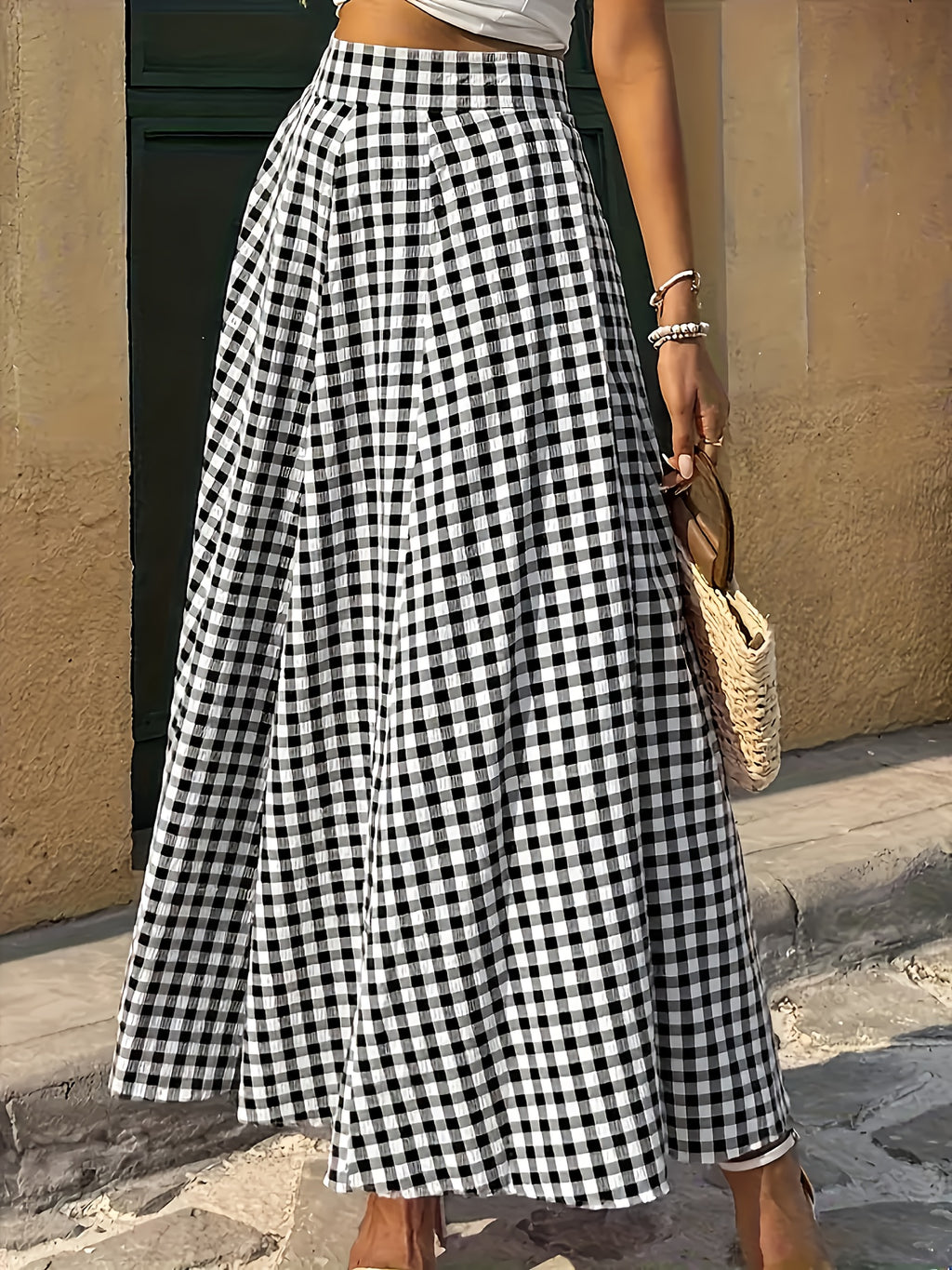 Plaid High Waist A-Line Midi Skirt for Women Checkered Woven Opaque Flowing Mid Length Skirt Spring Fall Casual Streetwear Blue White Black White S-XXL