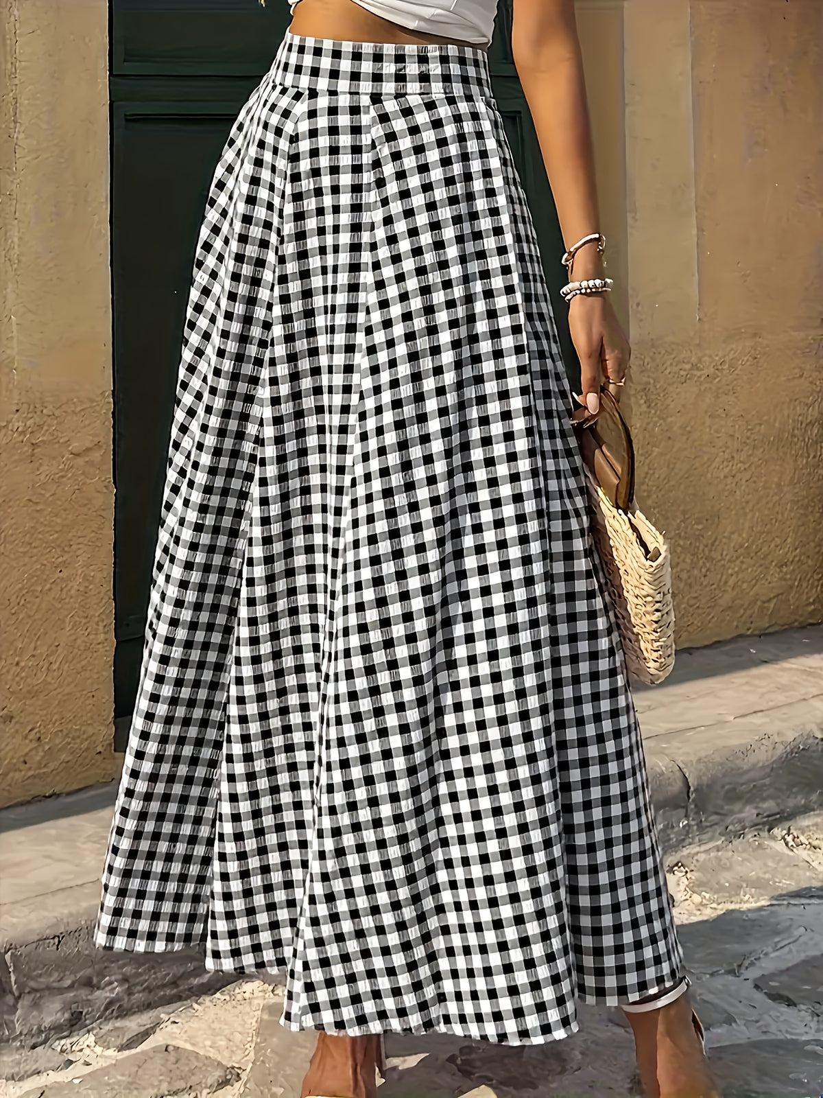 Plaid High Waist A-Line Midi Skirt for Women Checkered Woven Opaque Flowing Mid Length Skirt Spring Fall Casual Streetwear Blue White Black White S-XXL