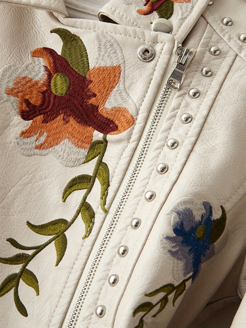 Floral Embroidered Moto PU Jacket Women Studded Faux Leather Coat Casual All Season Streetwear Biker Jacket