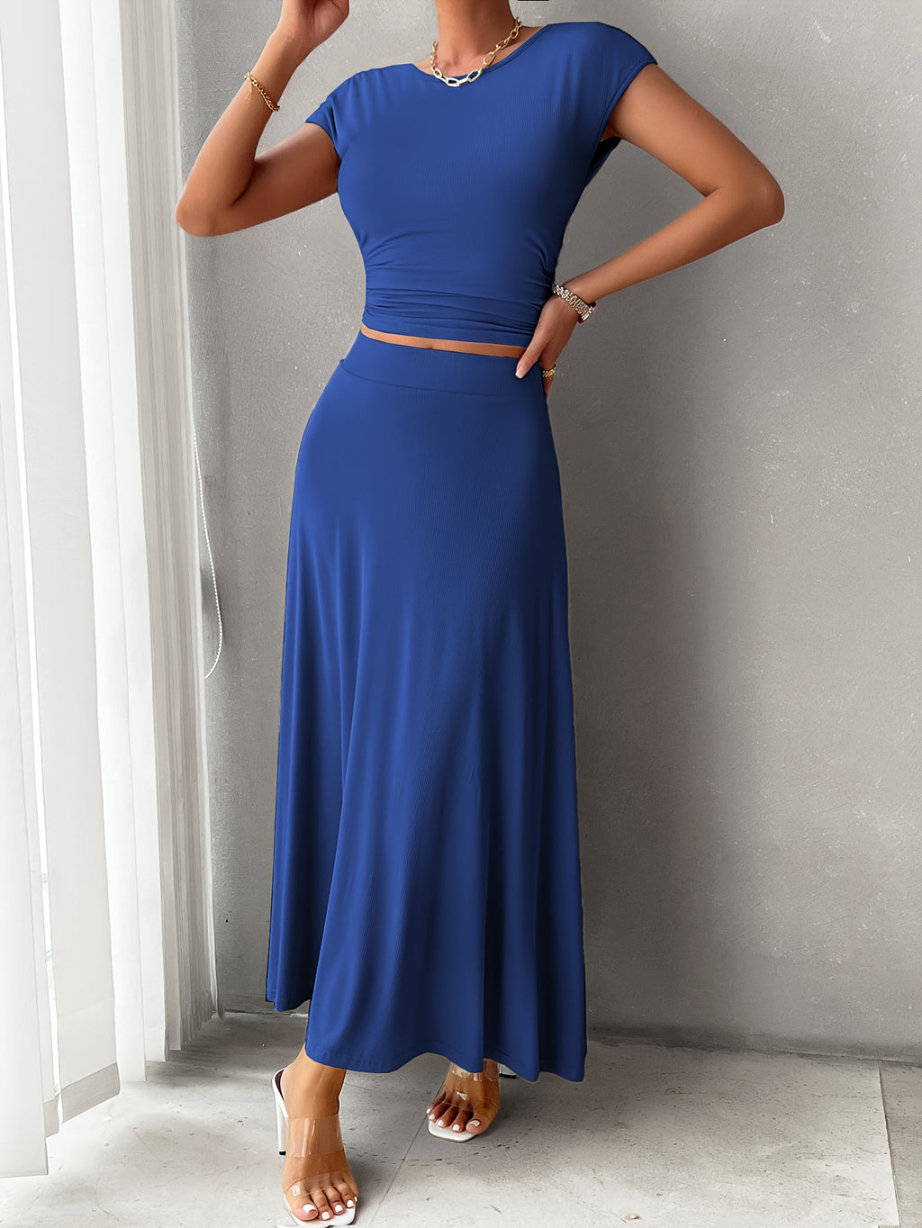 Women's 2pcs Lounge Set Crew Neck Short Sleeve Crop Top & Elastic Waist Maxi Skirt Soft Stretch Casual Summer Vacation Matching Outfit
