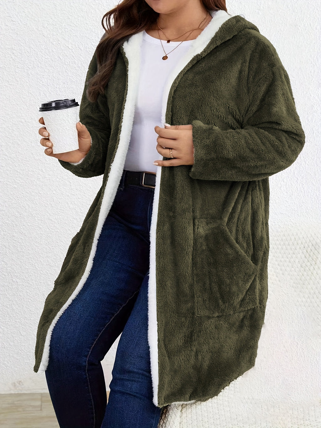 Women's Plush-Trim Hooded Coat Mid-Length Sherpa Lining Suede Drop Shoulder Warm Winter Outerwear S-XXL