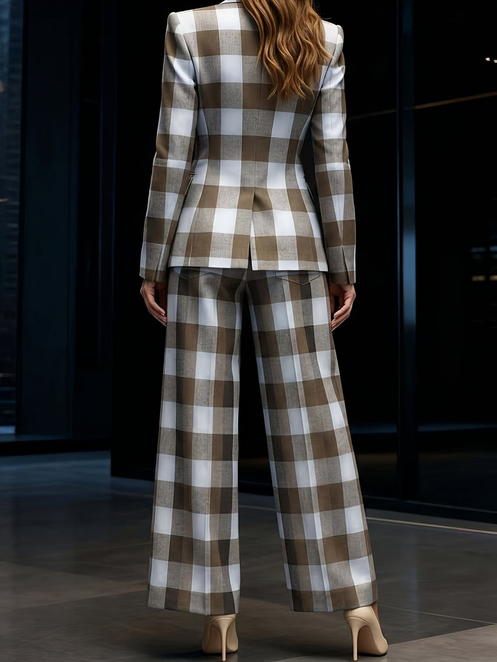 Women's 2pcs Plaid Wide Leg Pants Suit Waist Cinched Slim Fit Professional Blazer Set Workplace Business Casual Outfit
