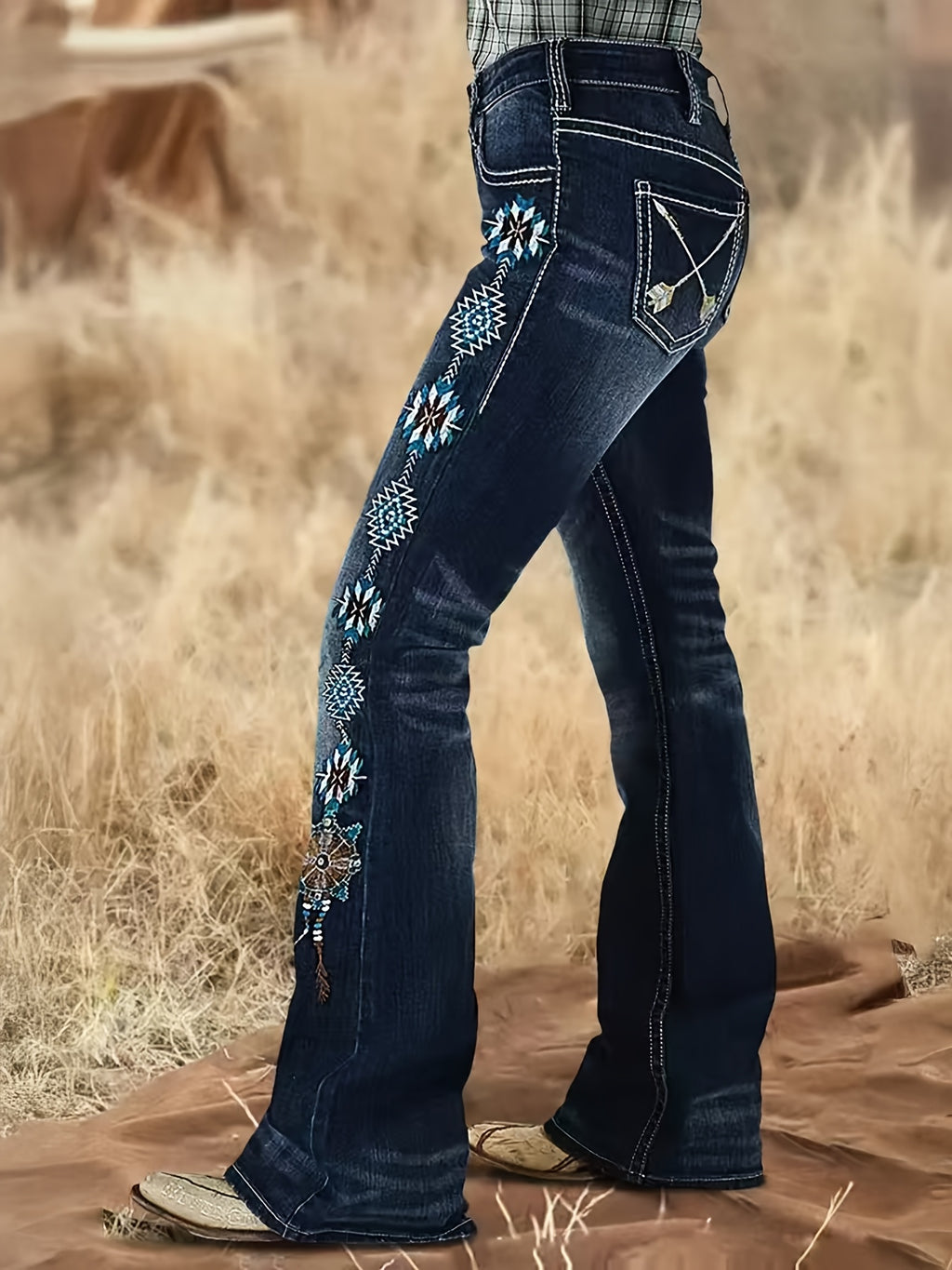Flare Jeans Women Embroidered Mid Rise Bell Bottom Stretch Denim Floral Geometric Print Blue Wash Casual All Season Boho Pants