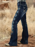 Flare Jeans Women Embroidered Mid Rise Bell Bottom Stretch Denim Floral Geometric Print Blue Wash Casual All Season Boho Pants