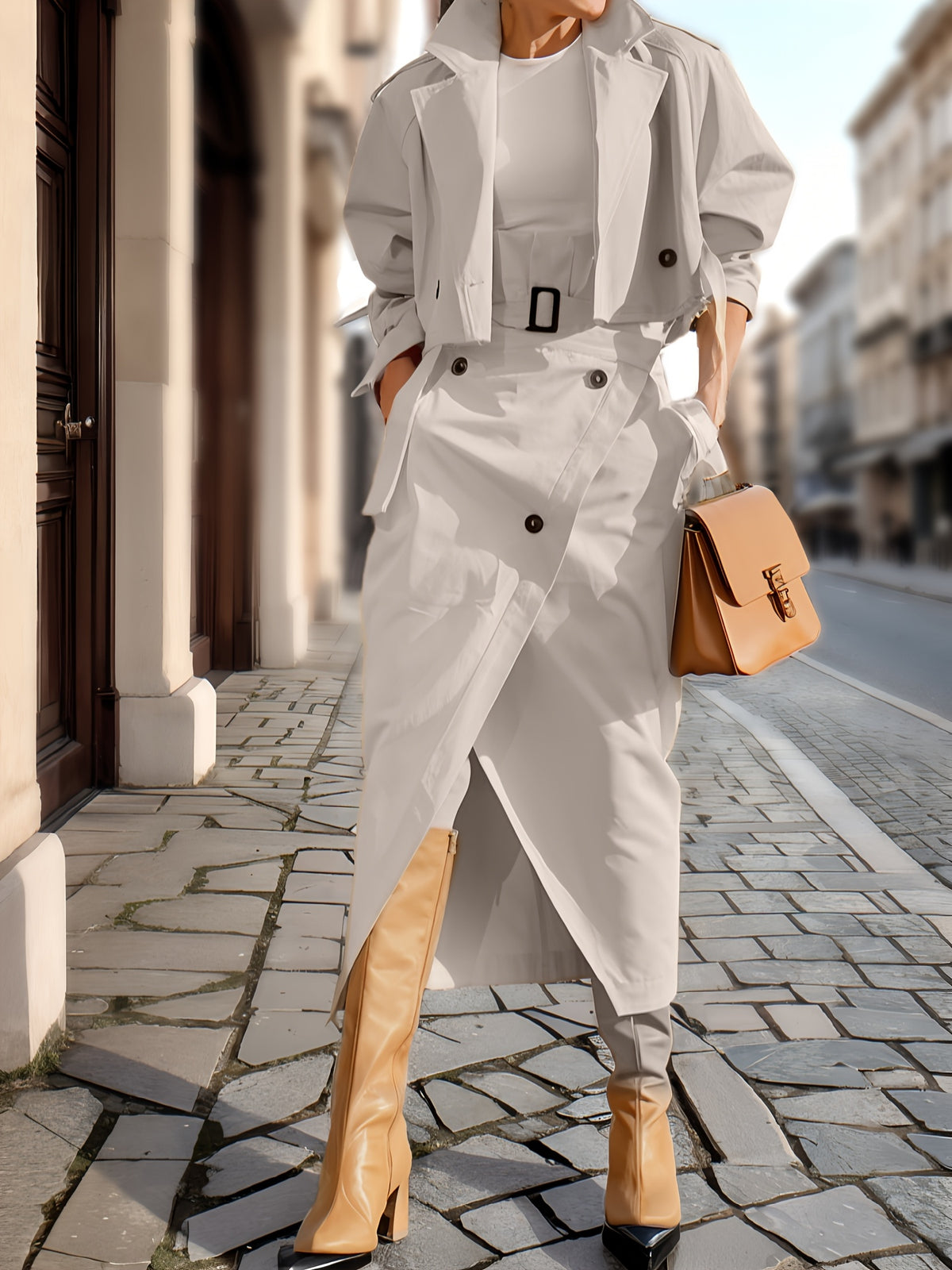 Women Suit Collar Jacket High Waist Skirt Two Piece Set Casual Solid Color Long Sleeve Work Outfit with Belt Khaki Apricot
