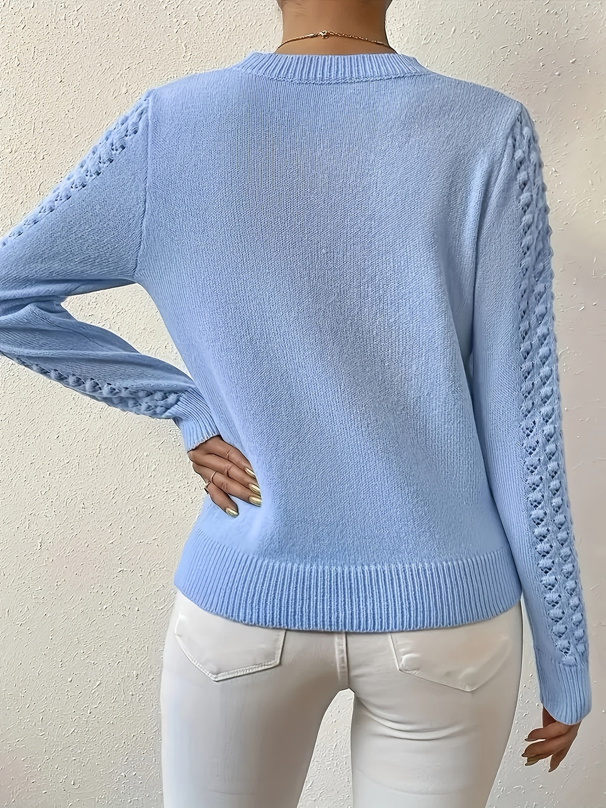 Crew Neck Pullover Sweater Women Sky Blue Ribbed Long Sleeve Front Pockets Casual Soft Cozy Sweatshirt Knit Top XS-L