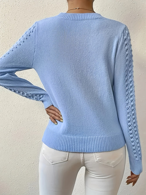 Crew Neck Pullover Sweater Women Sky Blue Ribbed Long Sleeve Front Pockets Casual Soft Cozy Sweatshirt Knit Top XS-L