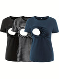 3-Pack Maternity Nursing T-Shirts for Women - Soft Rayon Spandex Breastfeeding Tops, Double Layer Short Sleeve Pregnancy Tee, Round Neck Postpartum Shirt, Sizes S-XL