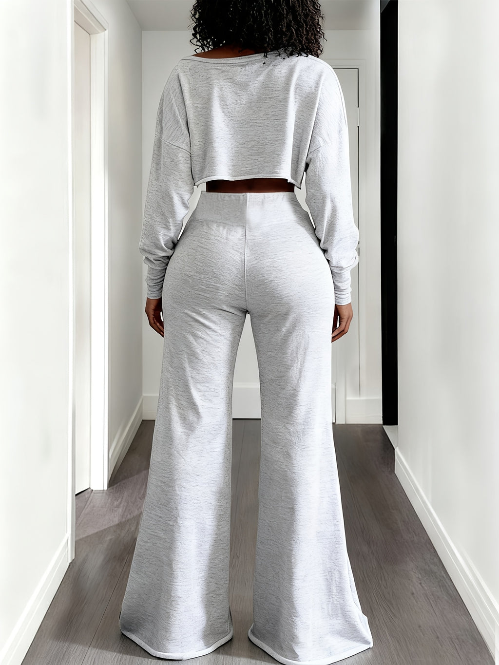 2pcs Lounge Set Women Cropped T-Shirt High Waist Sweatpants Drawstring Straight Leg Cozy Casual Fall Winter Matching Outfit