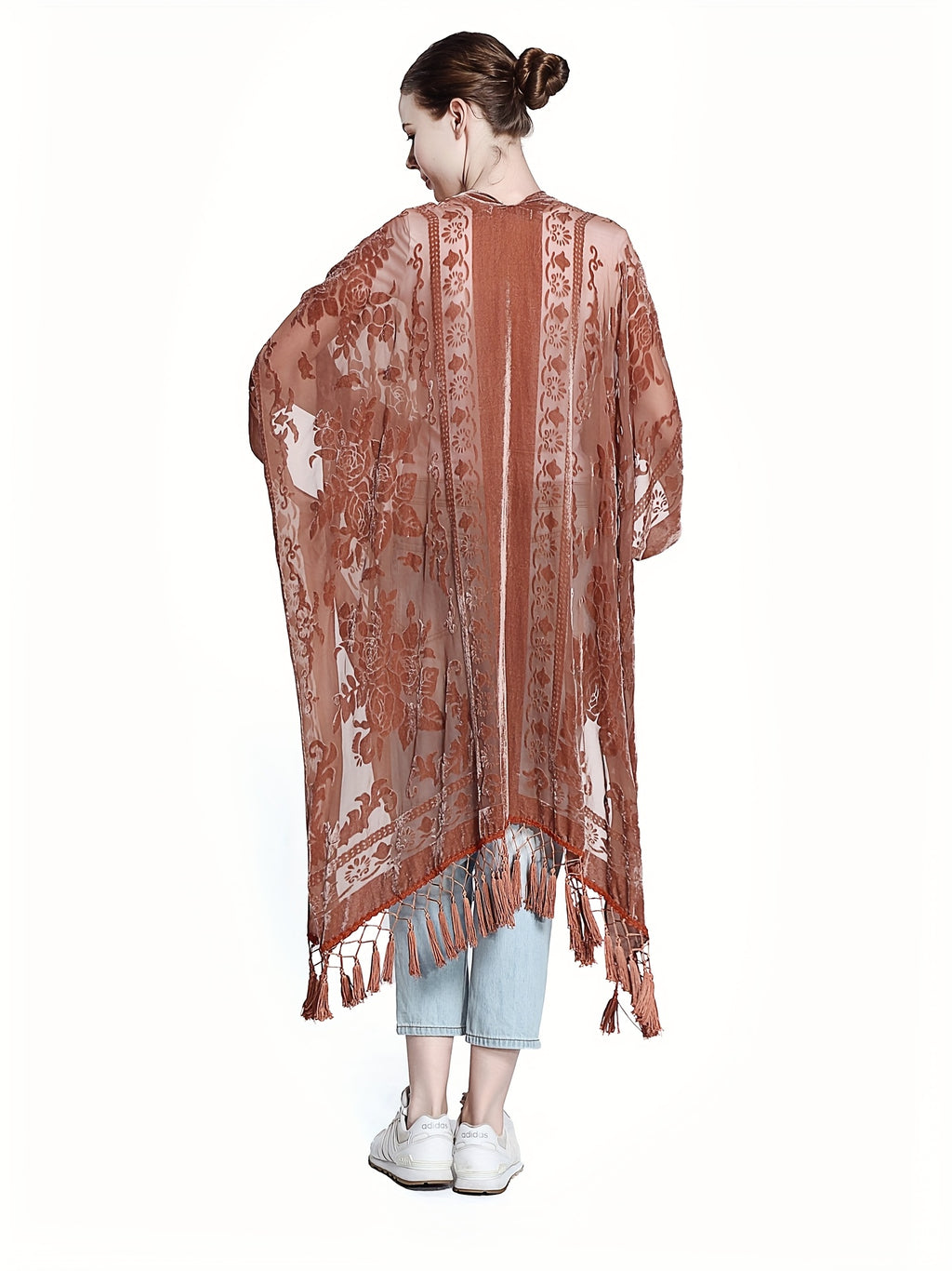 Boho Burnout Velvet Kimono Women Long Cardigan Cover Up Tassel Floral Embroidered One Size