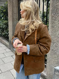 Women Y2K Suit Collar Blazer Jacket Midi Length Long Sleeve Loose Fit Vintage Style Light Brown S-XXL
