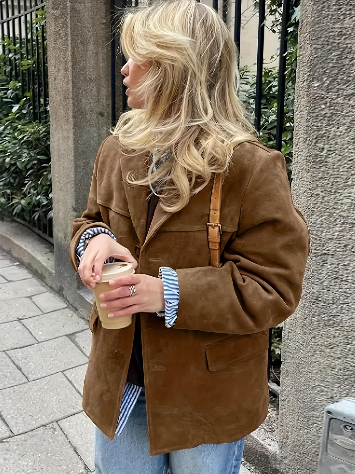 Women Y2K Suit Collar Blazer Jacket Midi Length Long Sleeve Loose Fit Vintage Style Light Brown S-XXL
