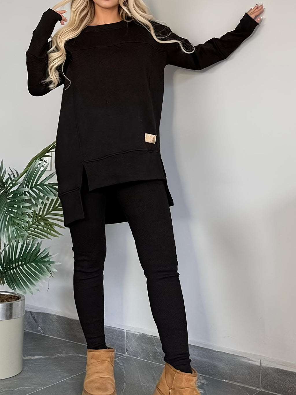 Women's Solid Color 2pcs Set Slit Long Sleeve Round Neck Top & Pants Casual Chic Spring Workplace Commute Matching Outfit