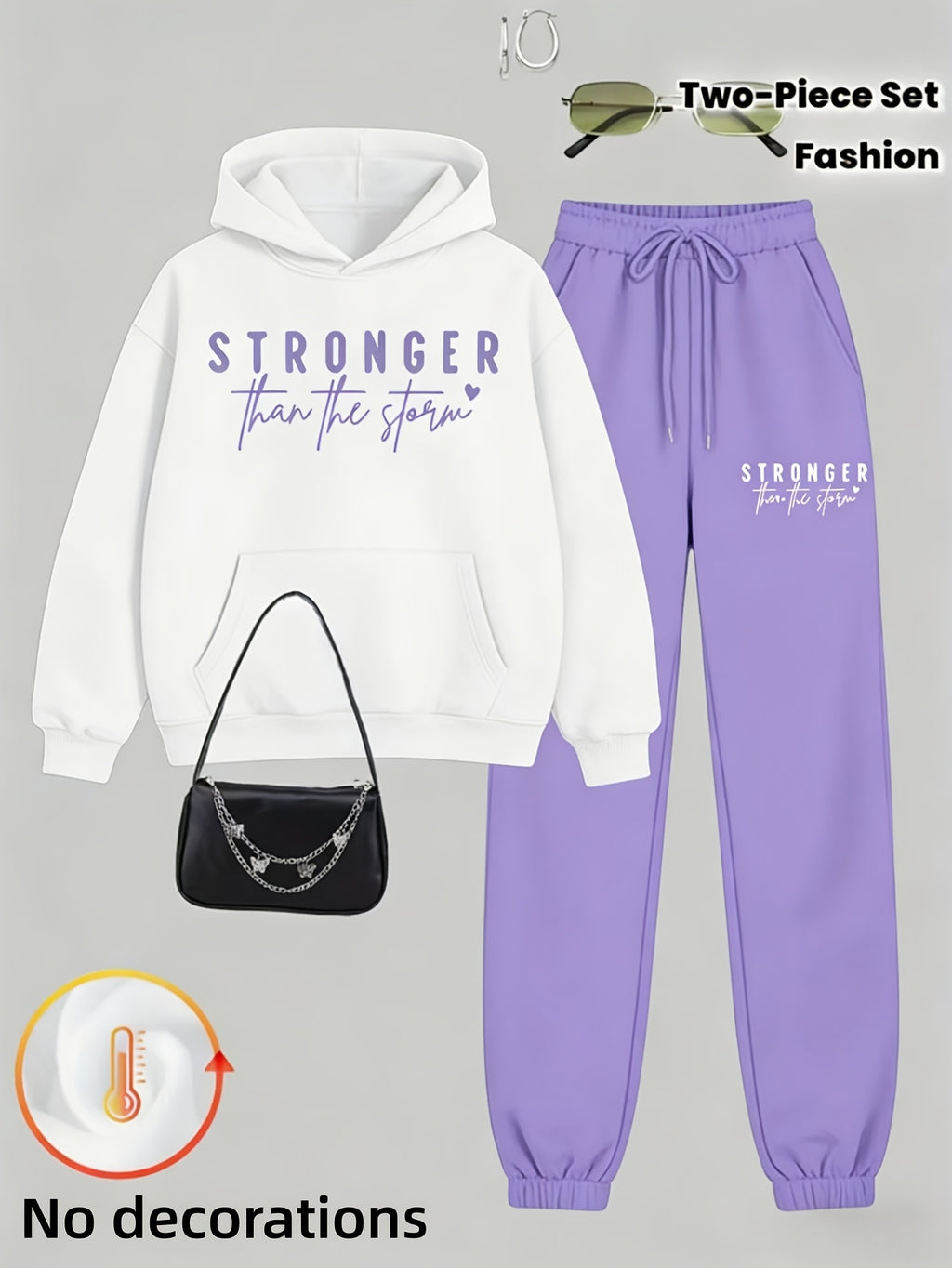 Women Two Piece Hoodie Set Motivational Stronger Than The Storm Cozy Oversized Matching Tracksuit Lounge Outfit Blue Green Purple Brown S-XXL