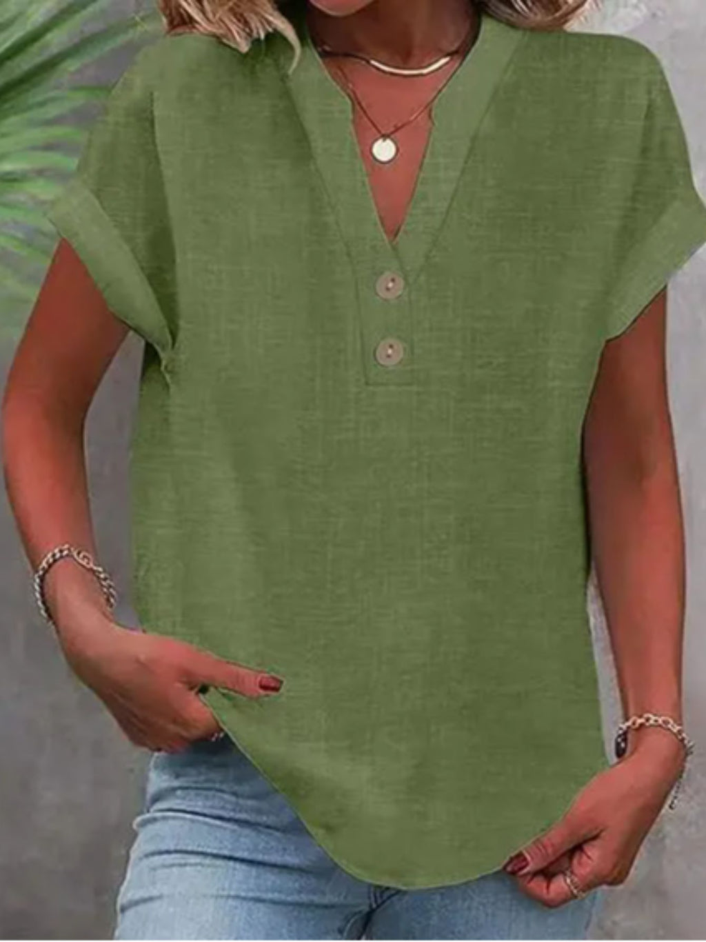 V-Neck Button Placket Tee Women Solid Color Short Sleeve Casual Summer Top Lightweight Breathable 15 Colors S-XXL