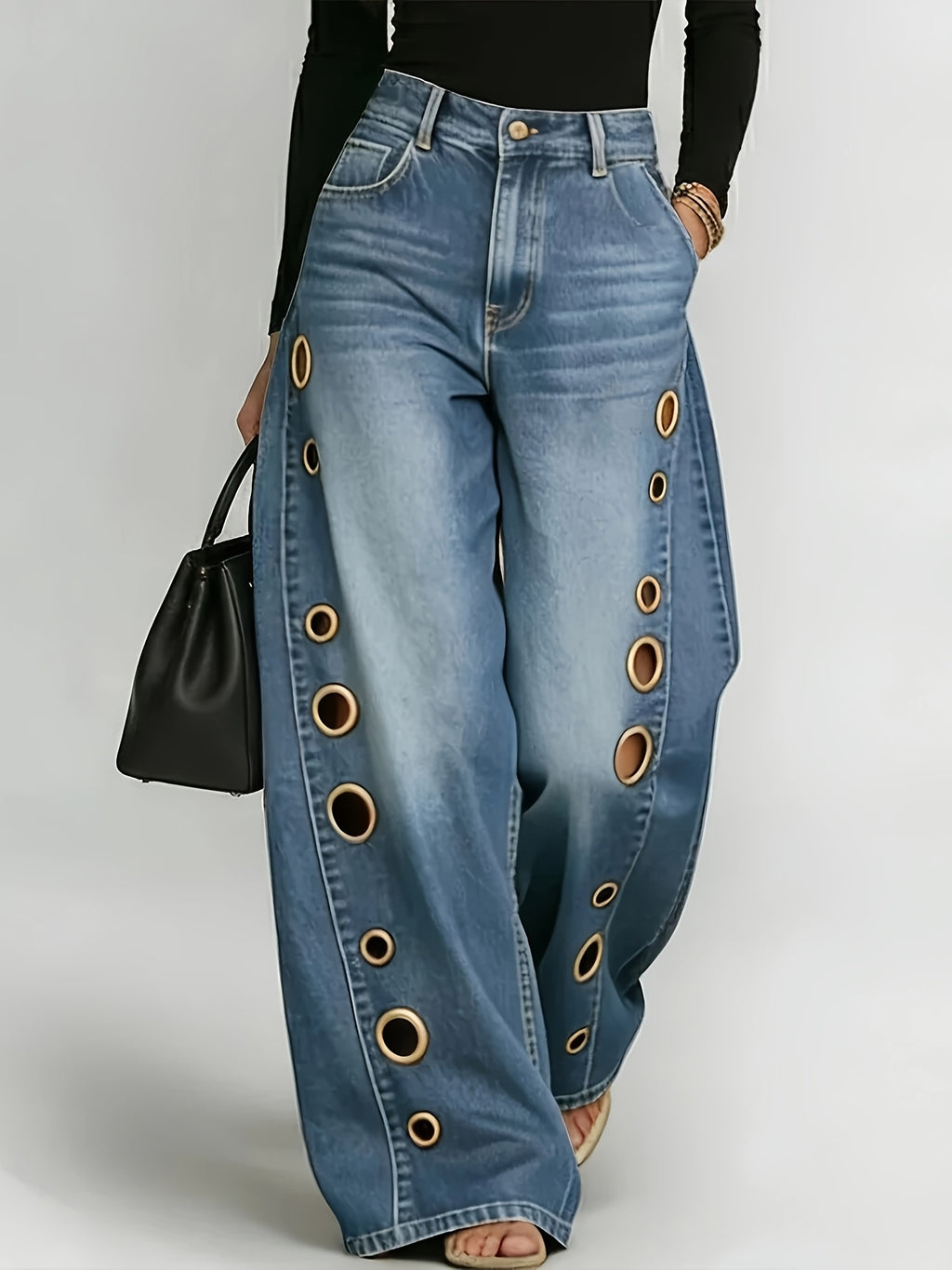 High Waist Wide Leg Jeans Women Retro Metal Eyelet Denim Pants Loose Casual Street Style Y2K Cool Streetwear