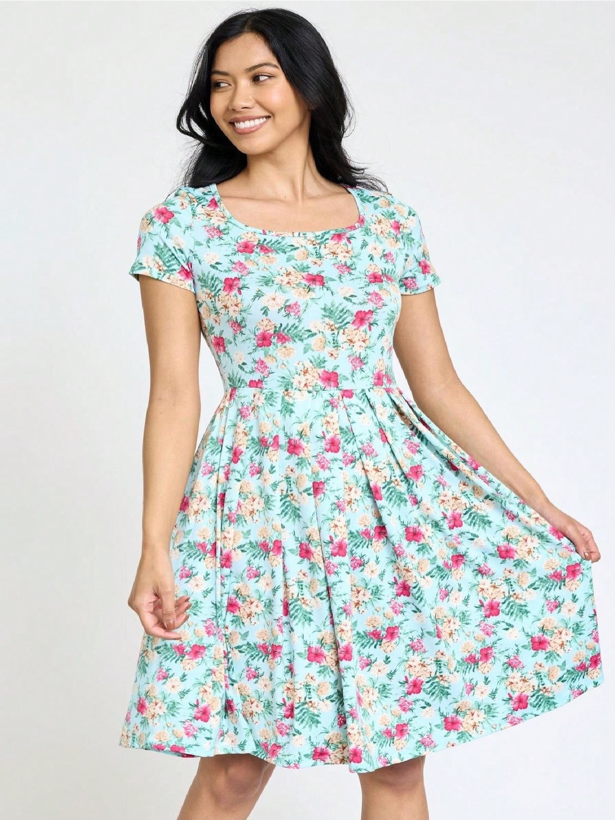Paisley Floral Swing Dress Women Chevron Stripe Patchwork Pleated Square Neck Elastic Waist Midi Casual Plus Size S-3X