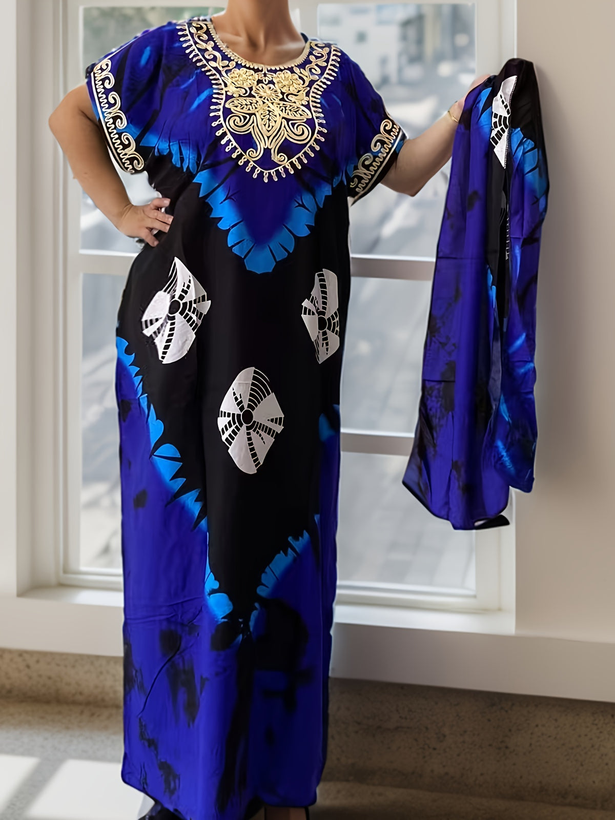 Kaftan Dress Women Floral Print Long Sleeve Embroidered Middle Eastern Ramadan Maxi Dress Straight Cut One Size