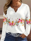 Rose Print Studded Long Sleeve T-Shirt Women White Crew Neck Knit Casual Top Spring Fall Stretch Tee S-XXL
