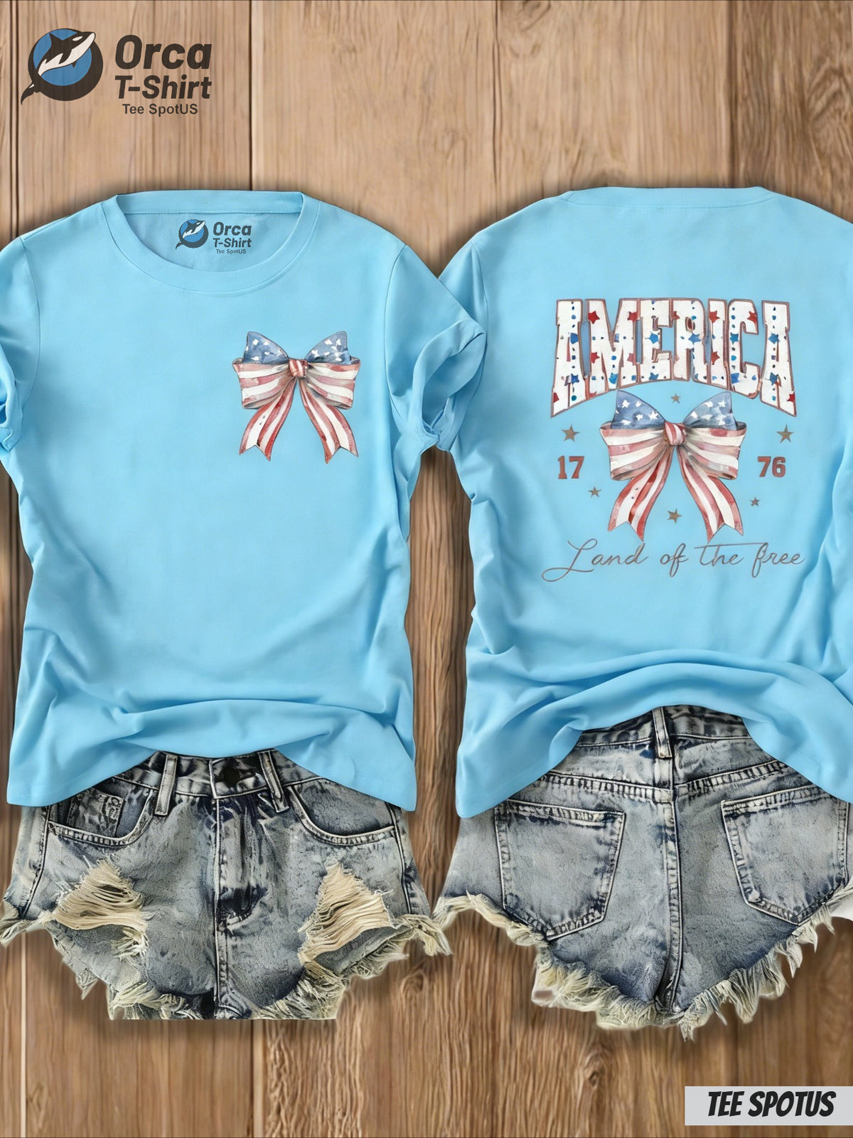 4th of July T-Shirt Women America Flag Bow Print Crew Neck Casual Patriotic Top 8 Colors S-XXL