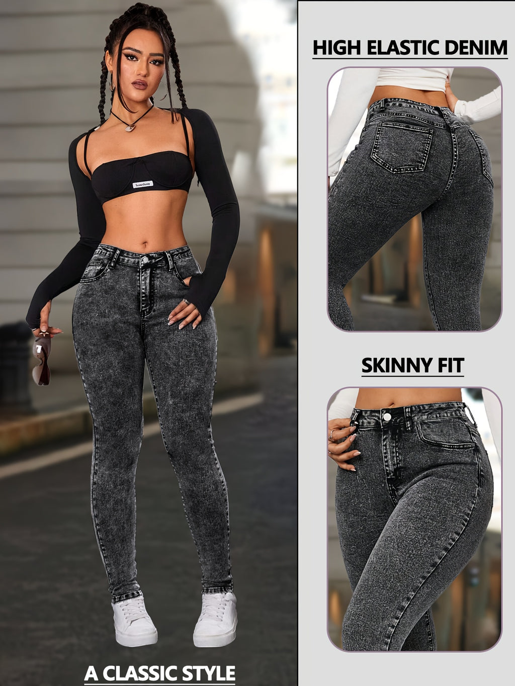 Black Distressed Hem Skinny Jeans Women High Waist Stretch Denim Pants Y2K Vintage Casual Street Style Button Fly Comfortable Elastic Fabric Fashion Trousers XS-XXL