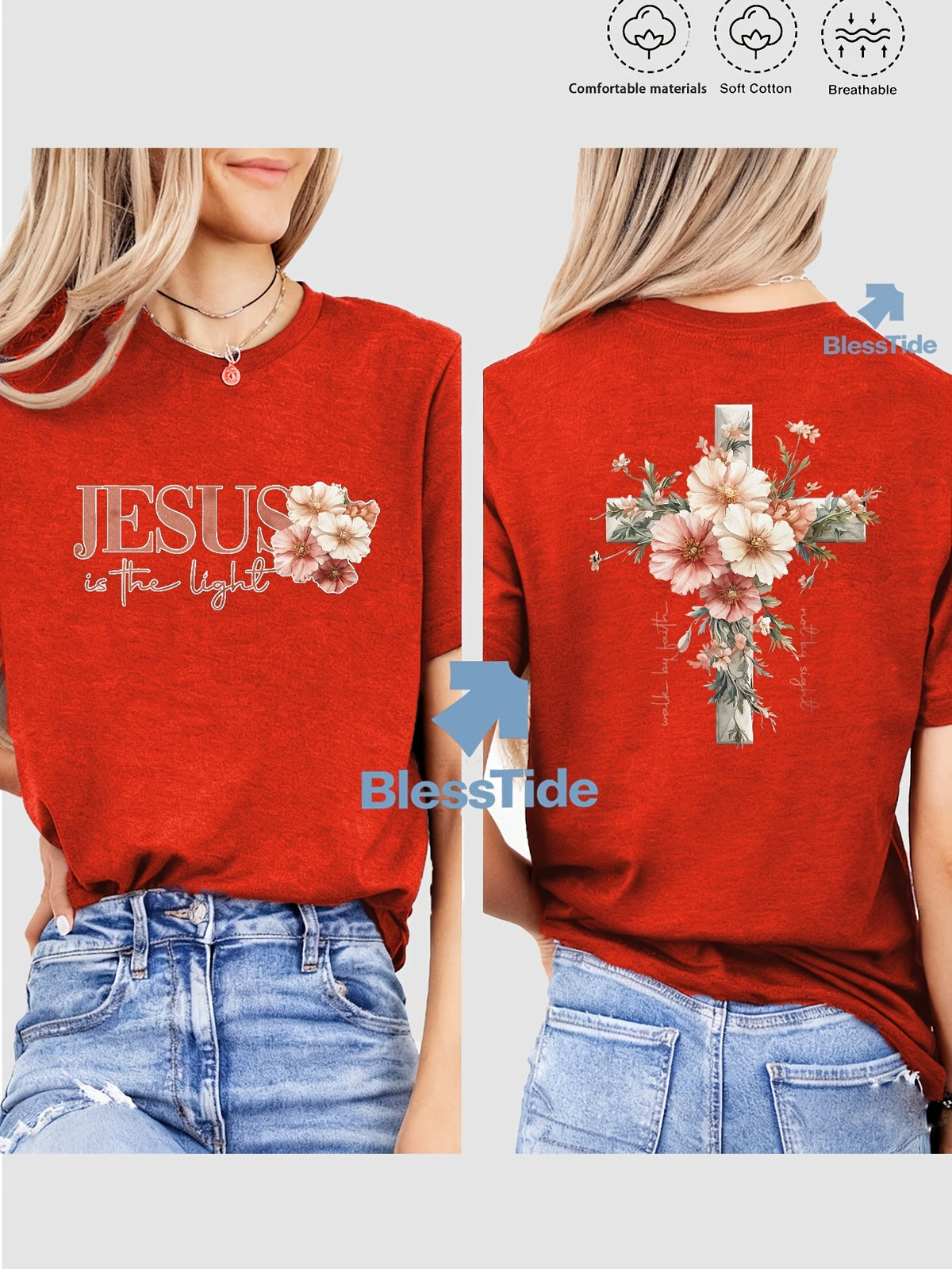 Jesus Floral Cross Double-Sided Print T-Shirt for Women - Faith Inspired Crew Neck Casual Christian Tee Summer Trendy Graphic Top