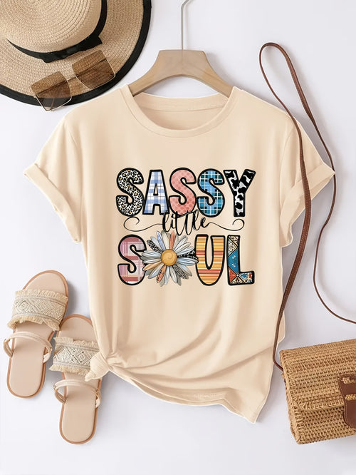 Alphabet Print Graphic Tee Women Short Sleeve Crew Neck Casual T-Shirt Lightweight Breathable Spring Summer All Season S-XXL