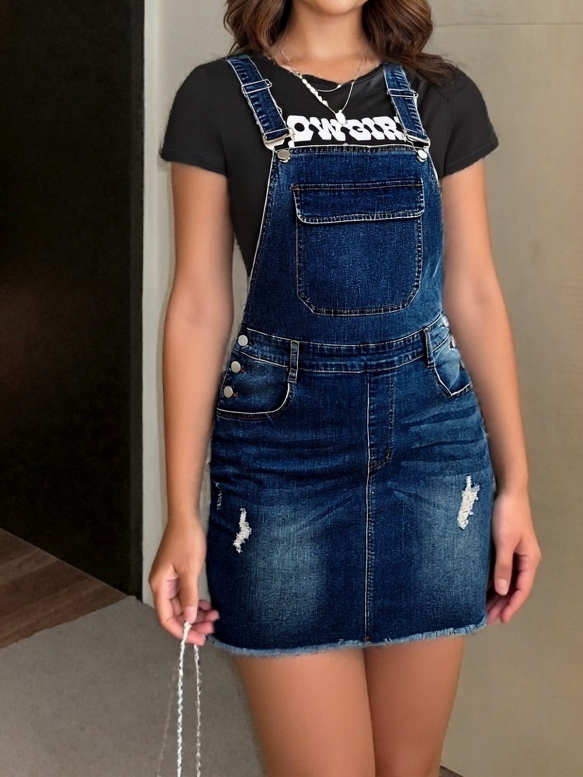 Women Stretch Denim Overall Skirt Adjustable Shoulder Straps Distressed Ripped Raw Hem Front Back Pockets Mid Length Medium Blue S-XL