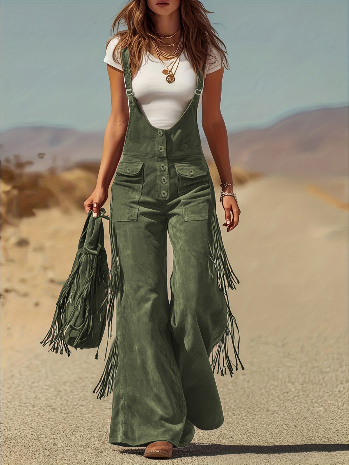 Vintage Fringe Overalls Women Wide Leg Loose Faux Suede Western Boho Festival Country Concert Halloween Costume Outfit