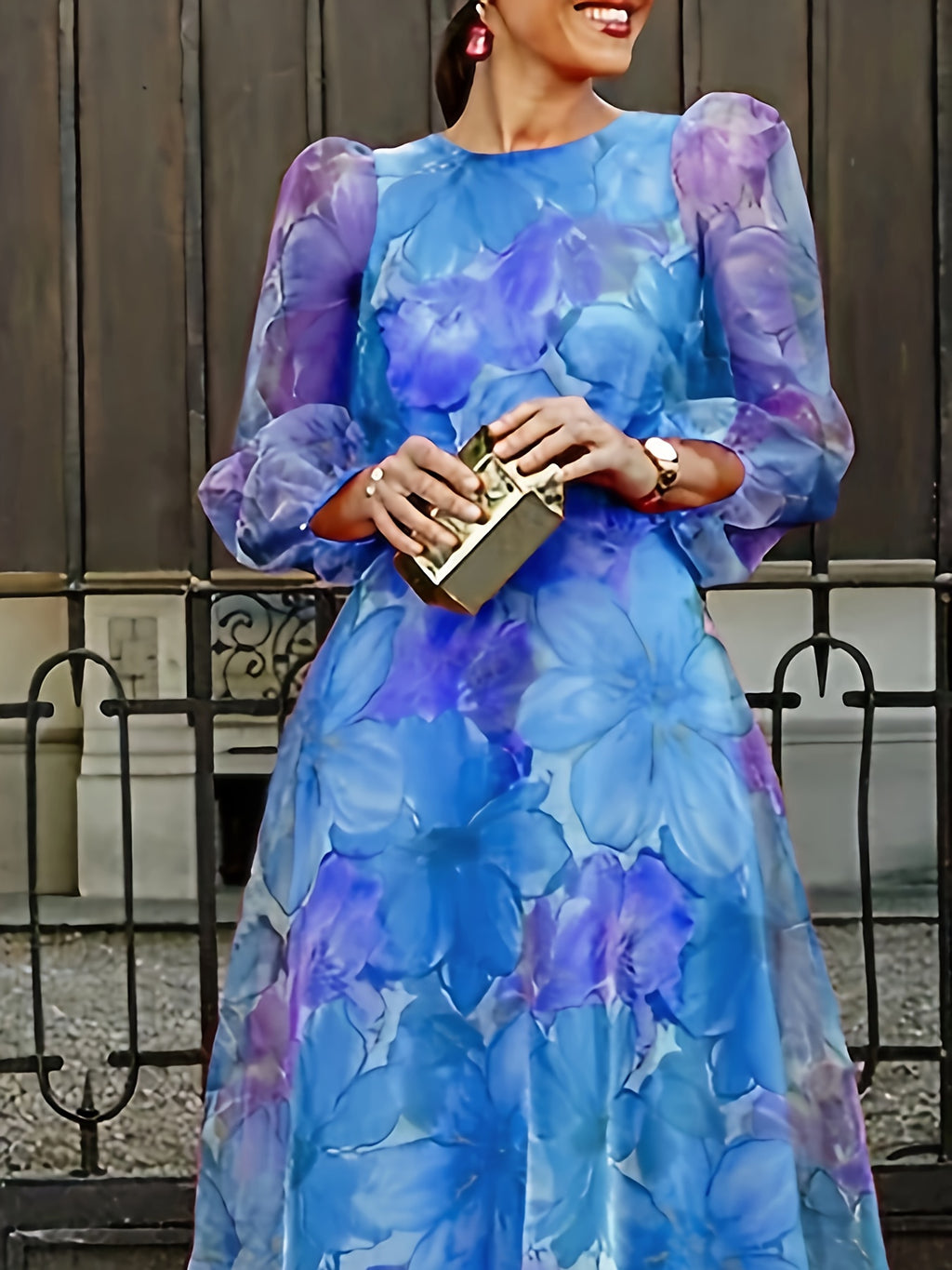 Floral Print Chiffon Maxi Dress Women Ombre Gradient Long Sleeve Back Zipper Flowy Wedding Guest Party Dress