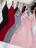 4 Pack Women's Lace Nightdress Solid Color V-Neck Side Slit Sexy Lace Panels Slip Sleepwear Home Dress Spring Summer Fall