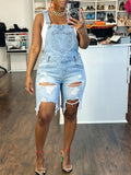 Ripped Denim Overalls Women Light Blue Washed Straight Leg Jumpsuit | Distressed Burr Edge Bib Overall Casual Street Style Fashion S-XXL