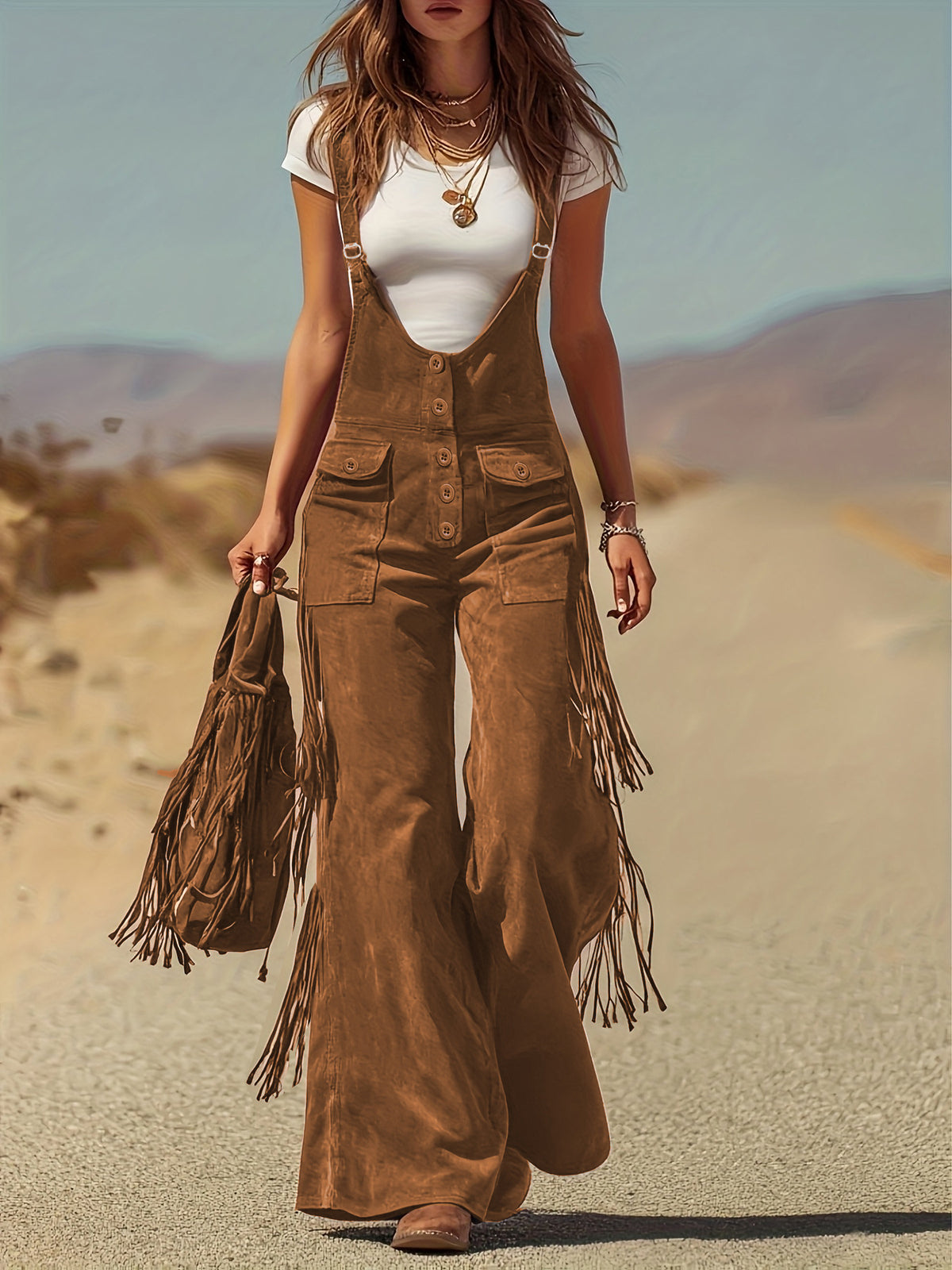 Vintage Fringe Overalls Women Wide Leg Loose Faux Suede Western Boho Festival Country Concert Halloween Costume Outfit