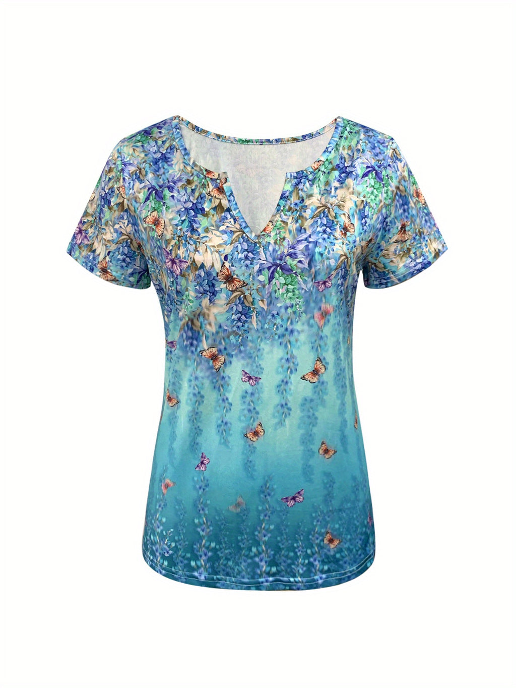 Butterfly Print Retro Graphic Tee Women Short Sleeve Casual Spring Summer T-Shirt Unique Random Print Soft Stretch Knit Blue S-M